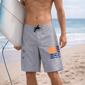 Columbia PFG Mens Terminal Tackle Board Shorts Grey Fish Flag Fishing Size 34